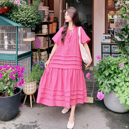 【ワンピース】ふんわり テクスチャー 半袖ワンピース レディース 夏 ゆったり おしゃれ 若見え ロングワンピース【JZシリーズ】