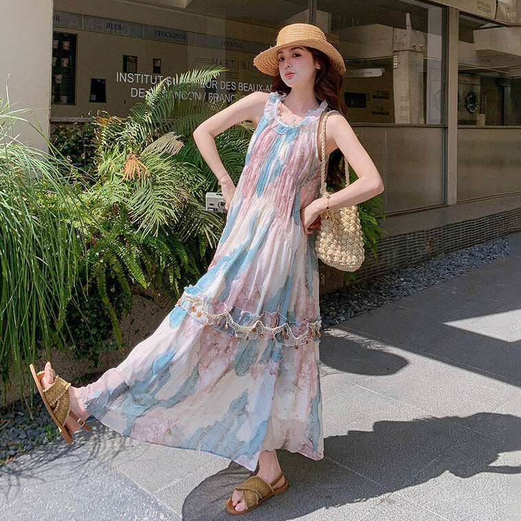 【ワンピース】花柄 ホルターネック ロング丈 ノースリーブワンピース 細見え 体型カバー 上品 リゾート 海外旅行 ビーチコーデ【SHシリーズ】