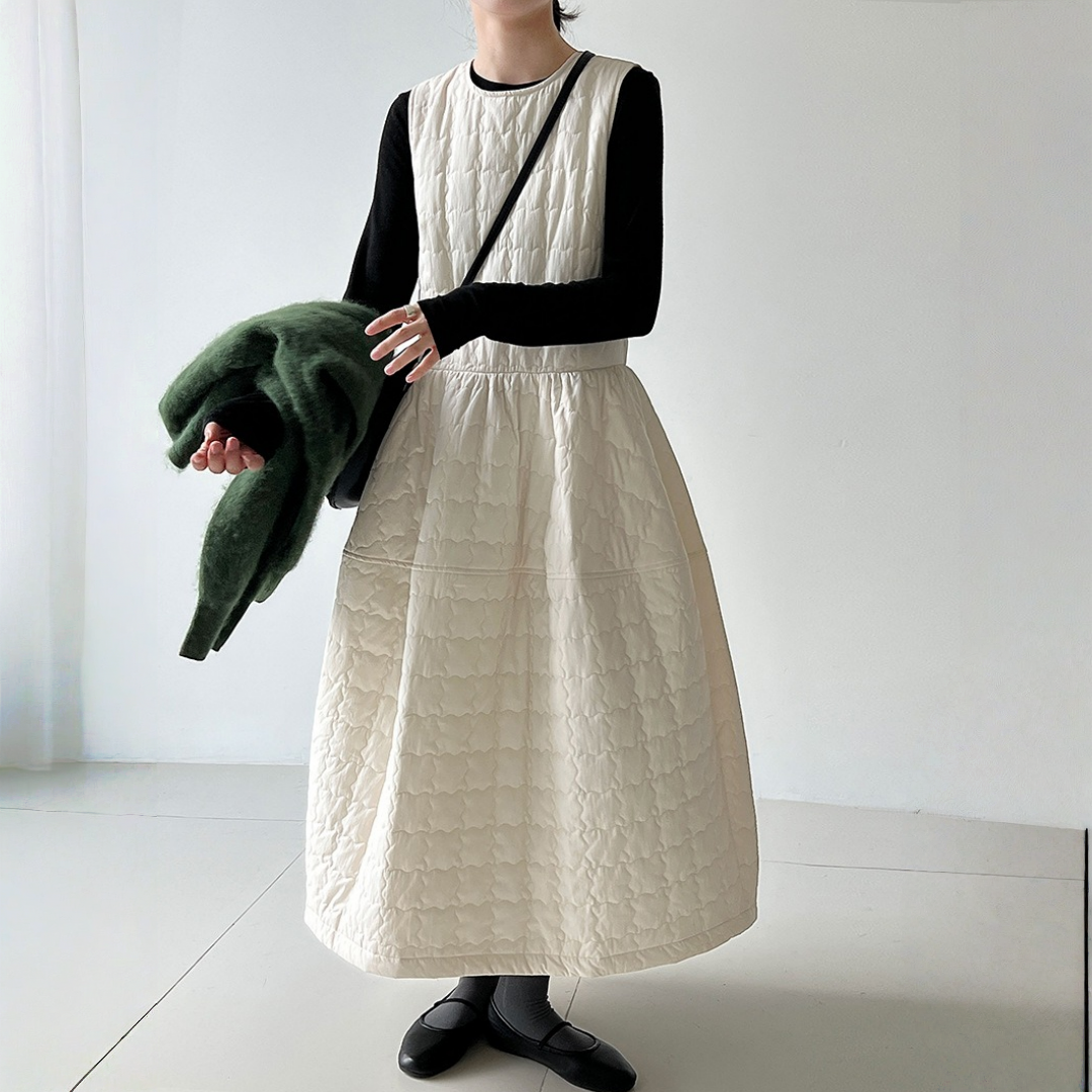 【ワンピース】春 秋 冬 厚手 中綿入り リボン付き ゆったり ロング ノースリーブ ワンピース【JZシリーズ】