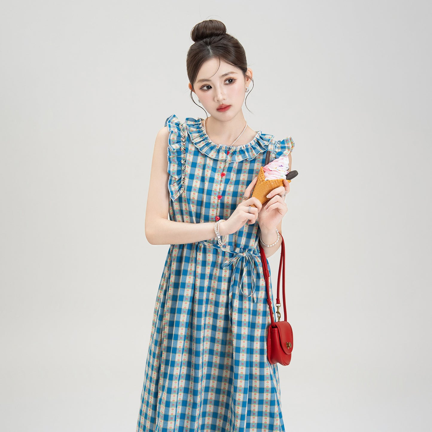 【ワンピース】夏新作 レトロチェック×小花柄 レース切り替え ウエストマークAラインロングワンピース【SHシリーズ】