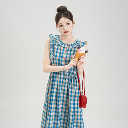 【ワンピース】夏新作 レトロチェック×小花柄 レース切り替え ウエストマークAラインロングワンピース【SHシリーズ】