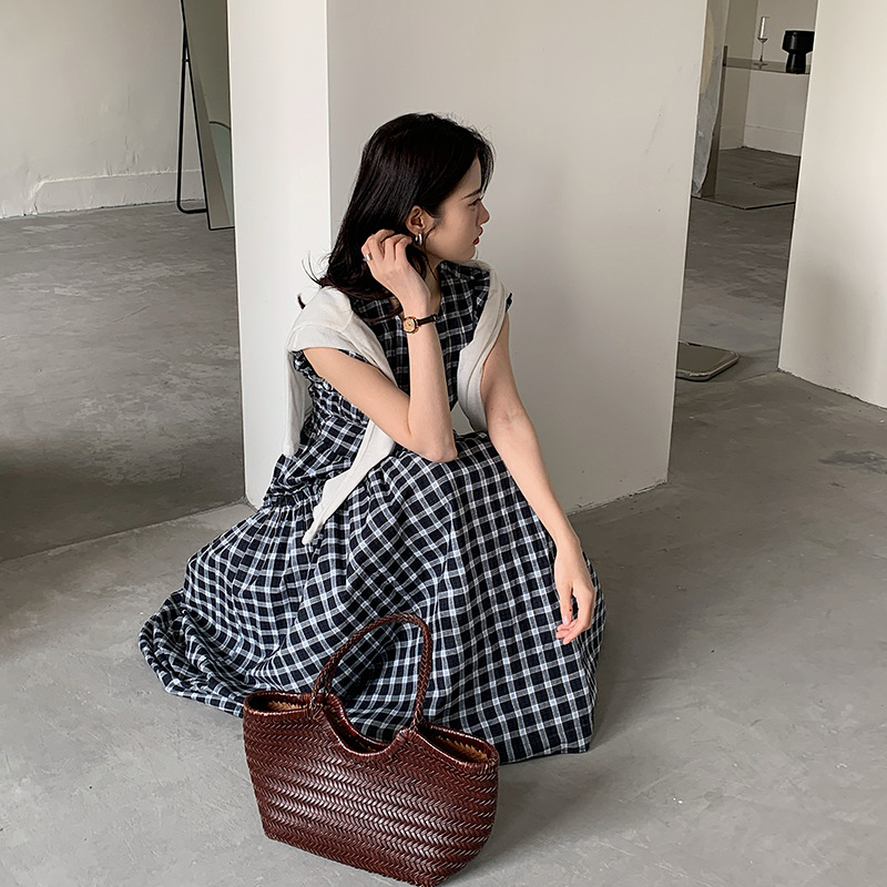 【ワンピース】韓国風 チェック柄 ウエストマーク ノースリーブワンピース フリルデザイン フレンチレトロ レディース【JZシリーズ】