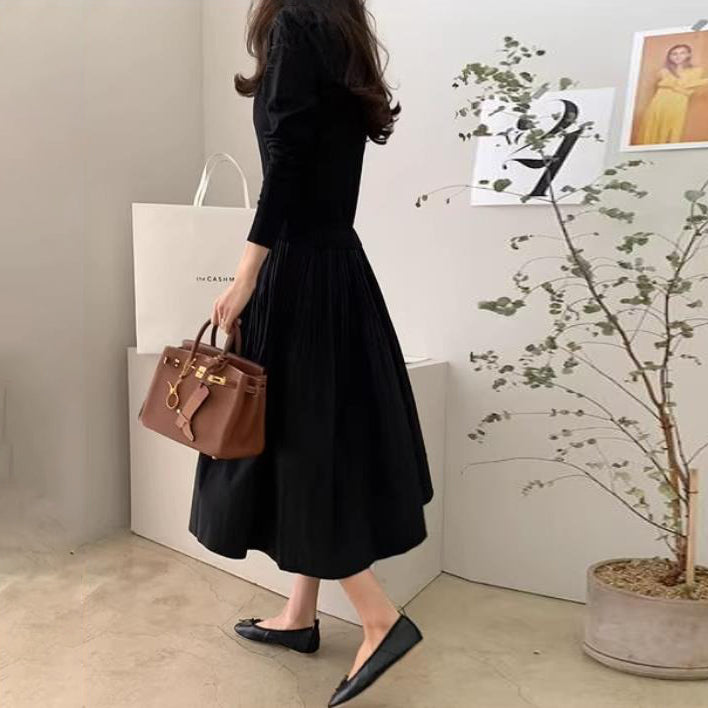 ワンピース】秋冬 ロング ニットワンピース 切り替え 長袖ワンピース