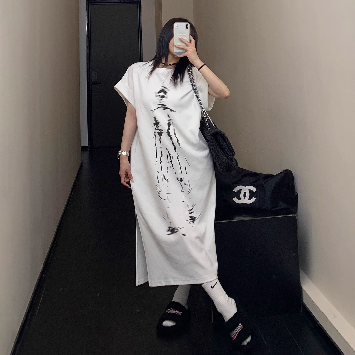 【ワンピース】夏新作 ミステリアス人物アート ロング丈 半袖 Tシャツワンピース【FCシリーズ】