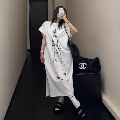 【ワンピース】夏新作 ミステリアス人物アート ロング丈 半袖 Tシャツワンピース【FCシリーズ】