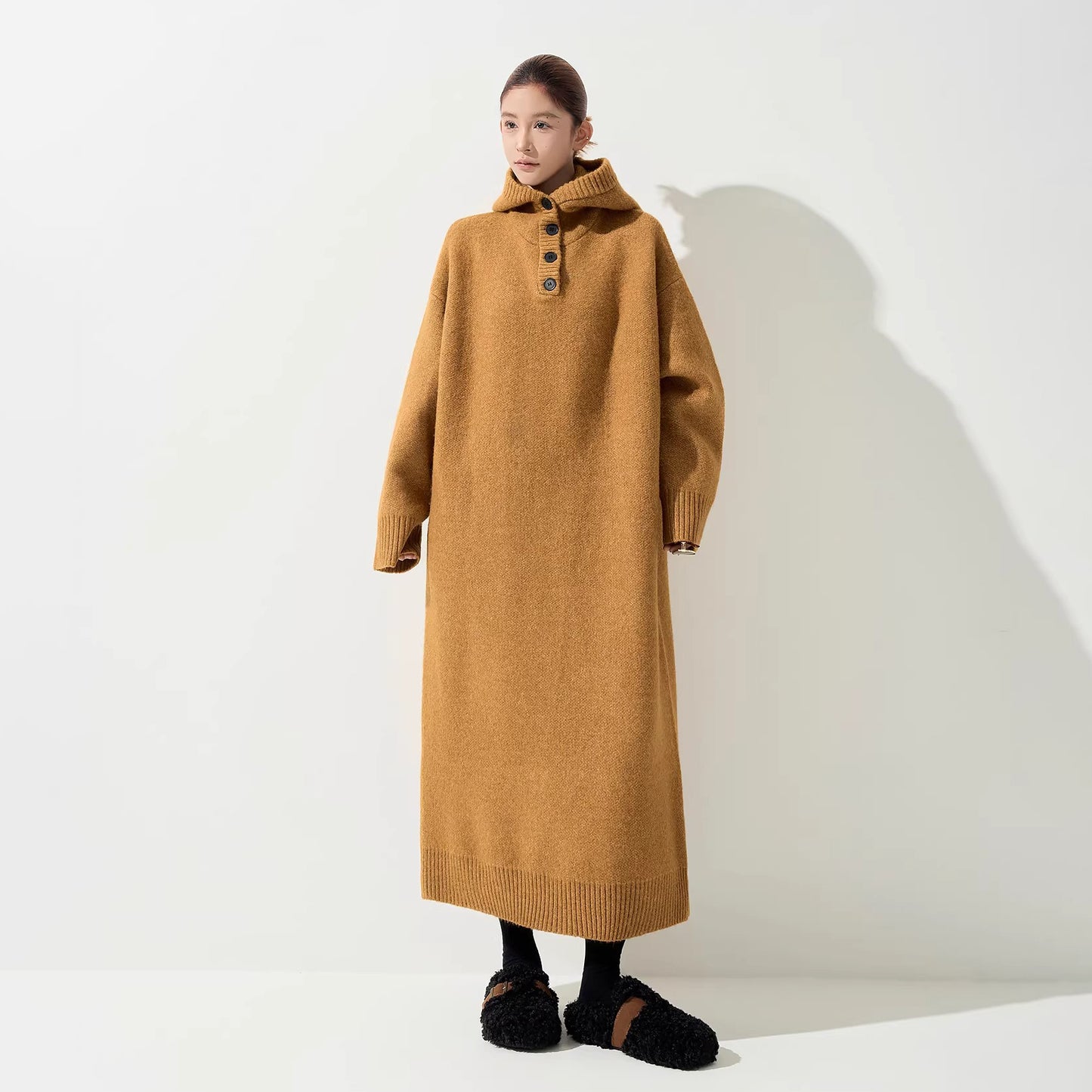 【ワンピース】フード付き ニット長袖ワンピース レディース 秋冬 韓国風 ルーズ 体型カバー ロング丈【FCシリーズ】【15～20日内発送】