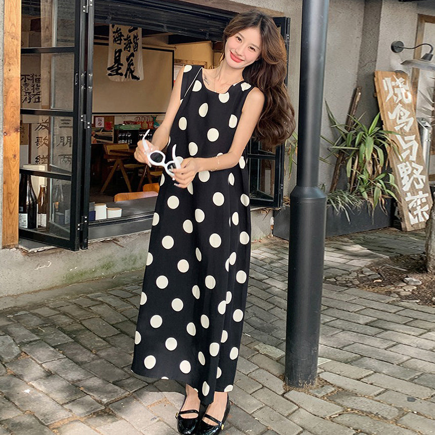 【ワンピース】韓国風 レトロ ドット柄 ノースリーブ ワンピース 夏 カジュアル 着痩せ 上品 ロング丈【SHシリーズ】