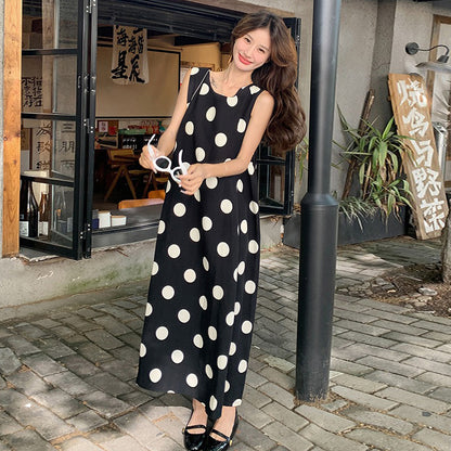 【ワンピース】韓国風 レトロ ドット柄 ノースリーブ ワンピース 夏 カジュアル 着痩せ 上品 ロング丈【SHシリーズ】