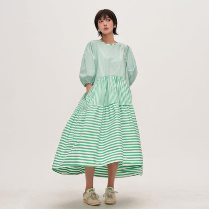 【ワンピース】 夏新作 グリーン切り替え ストライプ ゆったり 半袖ワンピース 着痩せ効果 ラウンドネックロングドレス 【JZシリーズ】【SHシリーズ】