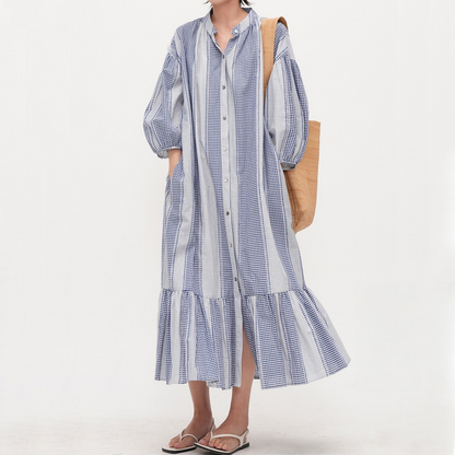 【ワンピース】【15～18日内発送】夏 ブルーストライプ Aライン ティードレス 半袖 ワンピース 【JZシリーズ】