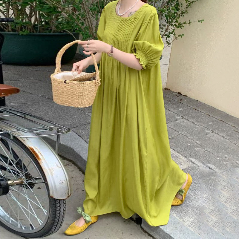 【ワンピース】10色展開 韓国風 レトロ＆アートテイスト ゆったり大きいサイズ 無地 半袖ワンピース