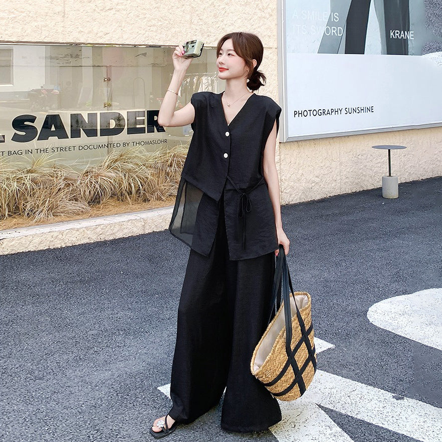 2点セット！【セットアップ】夏 韓国風 通勤 ブラックメッシュ切替 ベスト＋ワイドパンツ 上下セット【JZシリーズ】【SNシリーズ】