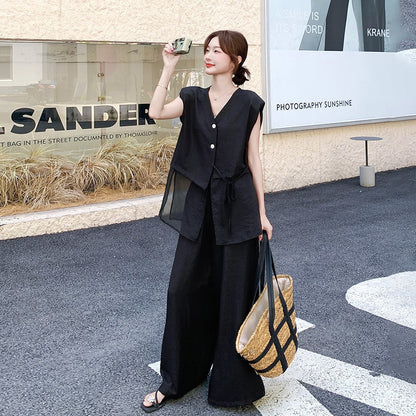 2点セット！【セットアップ】夏 韓国風 通勤 ブラックメッシュ切替 ベスト＋ワイドパンツ 上下セット【JZシリーズ】【SNシリーズ】