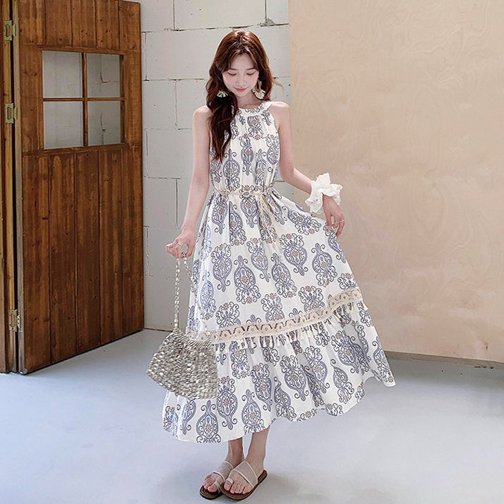 【ワンピース】高級感 青花瓷プリント 夏 刺繍 フリンジ ドレープ ノースリーブワンピース【SHシリーズ】