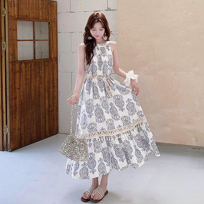 【ワンピース】高級感 青花瓷プリント 夏 刺繍 フリンジ ドレープ ノースリーブワンピース【SHシリーズ】