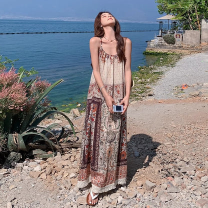 【ワンピース】夏新作 ボヘミアンプリント ノースリーブキャミワンピース リゾートビーチスタイル【SHシリーズ】
