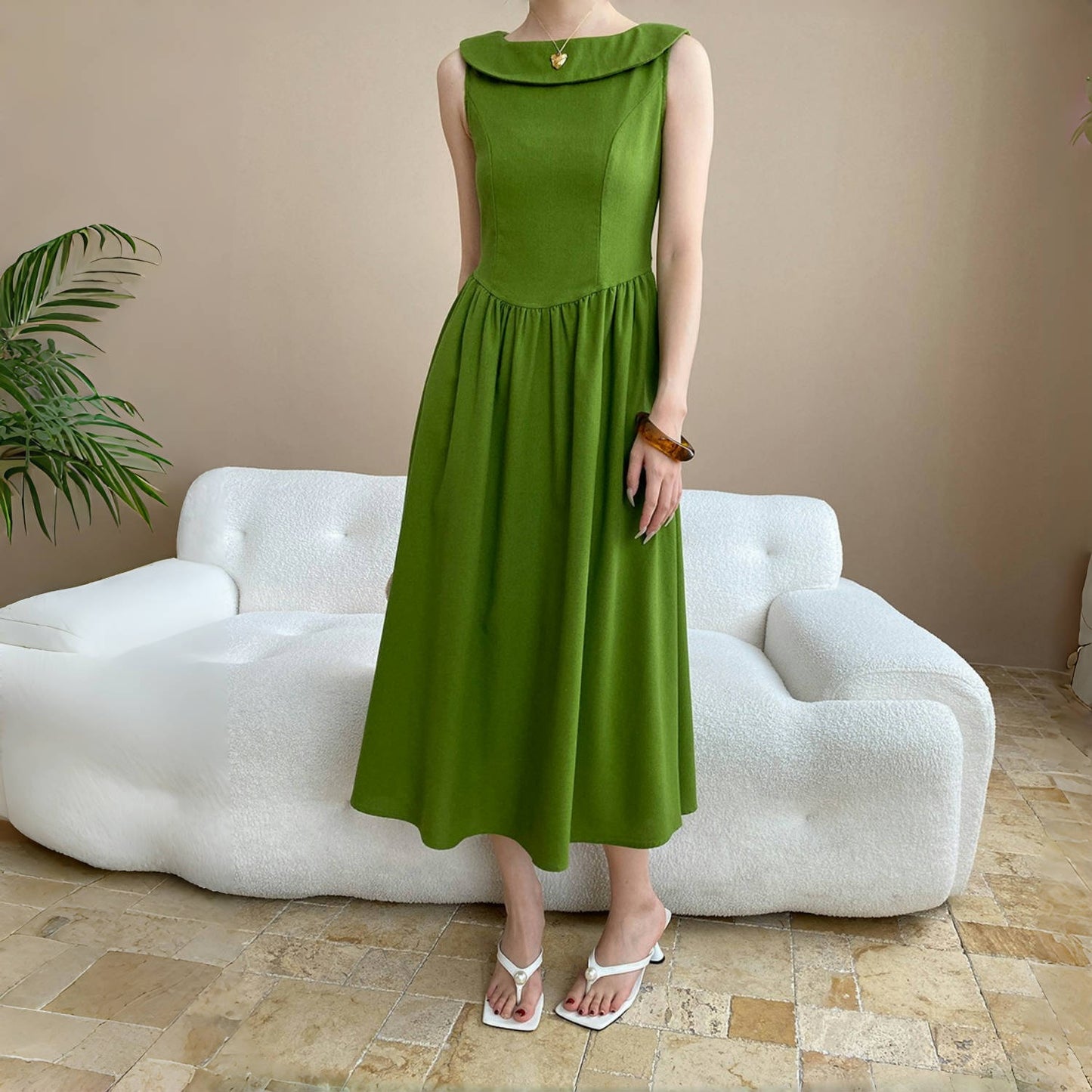 【ワンピース】夏 マンボ デザイン感 フレンチ フリル襟 ウエストマーク ノースリーブ ワンピース 【SNシリーズ】