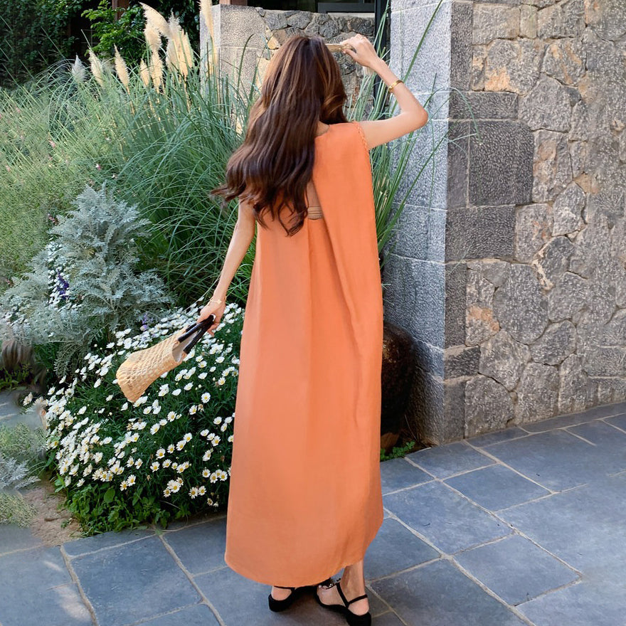 【ワンピース】キャミワンピース レディース オレンジ フレンチ風 ノースリーブ Aライン ロング丈 夏新作【JZシリーズ】