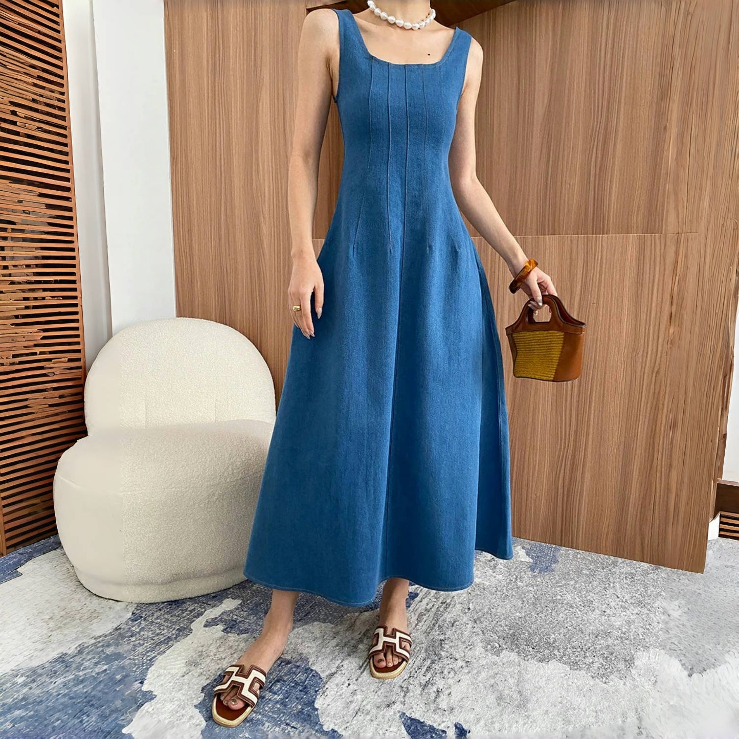 【ワンピース】夏 エレガント スクエアネック デニム ノースリーブ ワンピース 【SNシリーズ】