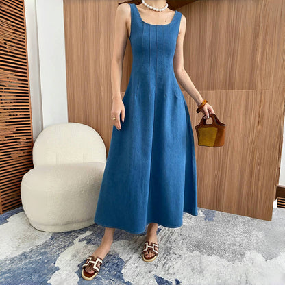 【ワンピース】夏 エレガント スクエアネック デニム ノースリーブ ワンピース 【SNシリーズ】