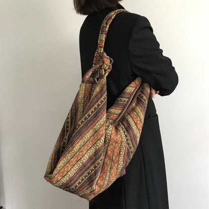 【バッグ】2WAY ヴィンテージ民族刺繍＆ストライプ キャンバス大容量バッグ ボディバッグ/ショルダーバッグ【SHシリーズ】