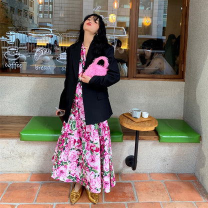 【ワンピース】春夏新作 レッド花柄 ゆったり Vネック 長袖ワンピース【SHシリーズ】