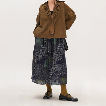 【ボトムス】レトロ 切替 スカート レディース 大きいサイズ ミディアム丈 Aライン フレアスカート チェック パッチワーク ロングスカート 初秋【SHシリーズ】【JZシリーズ】