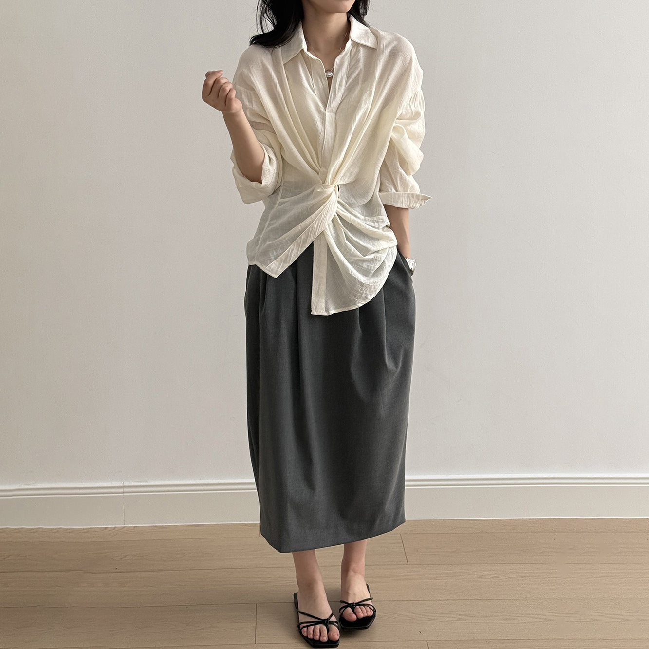 【ボトムス】ハイウエスト スリット入りスカート レディース 立体ギャザー 着回し細見えミモレ丈【JZシリーズ】