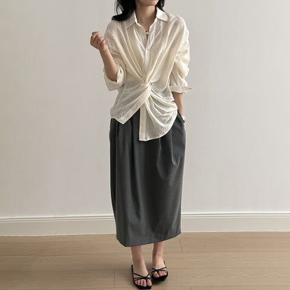 【ボトムス】ハイウエスト スリット入りスカート レディース 立体ギャザー 着回し細見えミモレ丈【JZシリーズ】