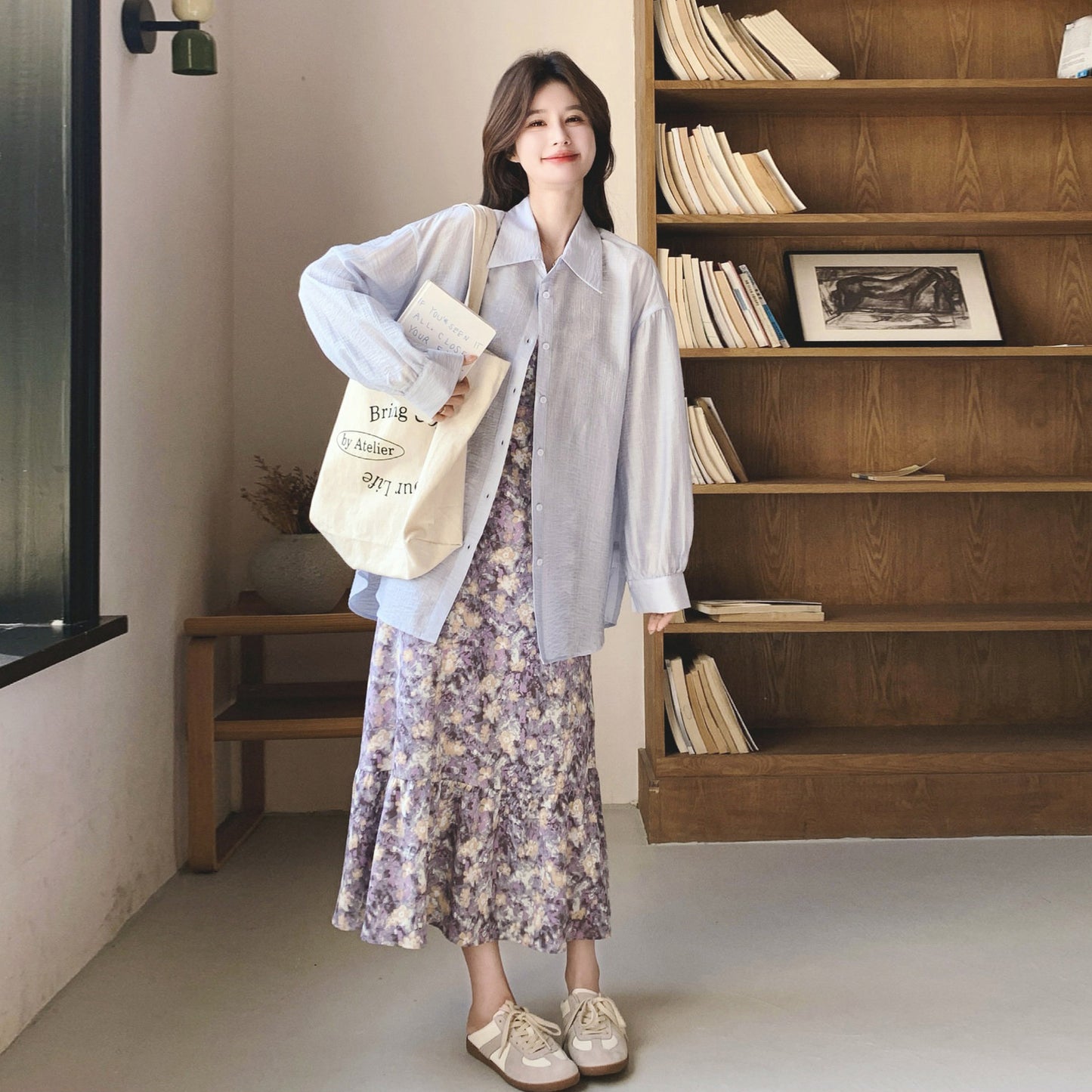 2点セット！【セットアップ】パープル 花柄 キャミワンピース シャツ付き 2点セット フレンチレトロ 日焼け対策 ロングワンピース【SHシリーズ】