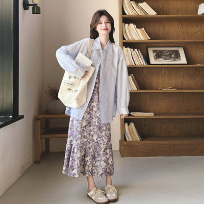 2点セット！【セットアップ】パープル 花柄 キャミワンピース シャツ付き 2点セット フレンチレトロ 日焼け対策 ロングワンピース【SHシリーズ】