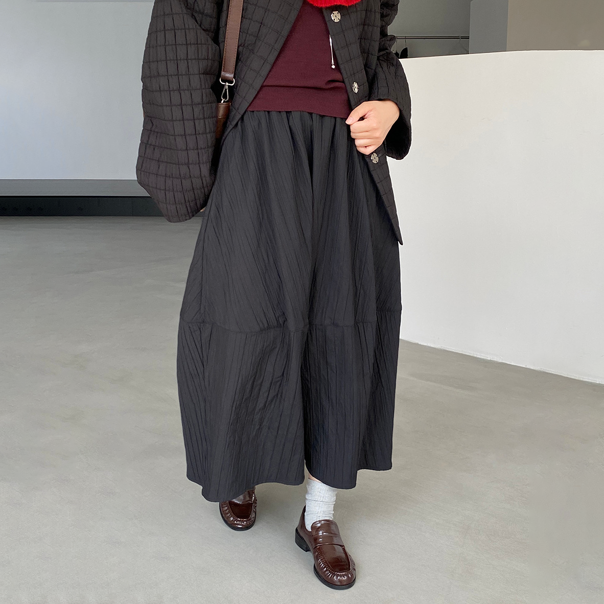 4カラー【ボトムス】ハイウエスト＆バルーンシルエット⭐️あったか中長スカート レディース 春秋冬 花苞デザイン【JZシリーズ】