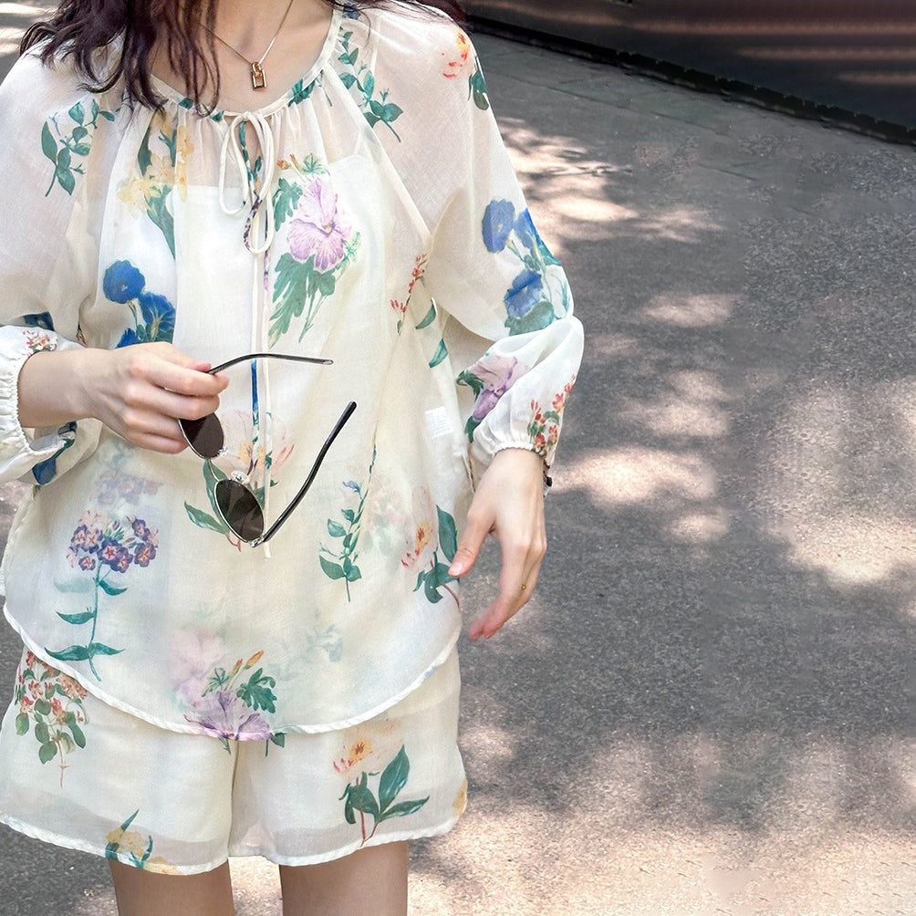 2点セット!【セットアップ】韓国風 ゆったりプリントUVカットシャツ＋ハイウエストショートパンツ 上下セットアップ【SHシリーズ】【JZシリーズ】