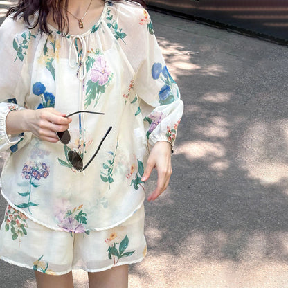 2点セット!【セットアップ】韓国風 ゆったりプリントUVカットシャツ＋ハイウエストショートパンツ 上下セットアップ【SHシリーズ】【JZシリーズ】