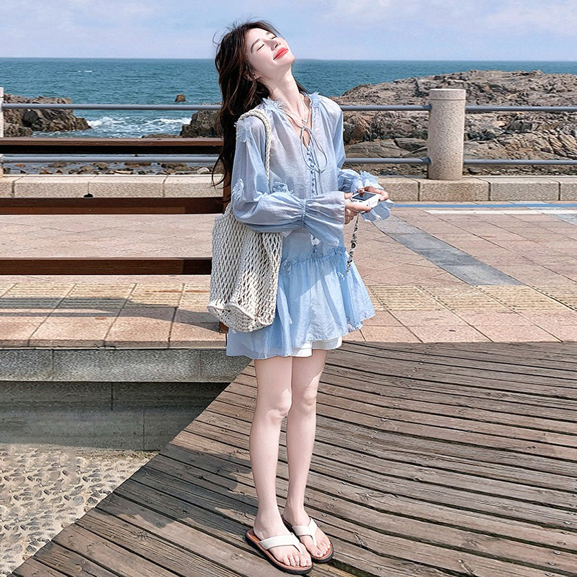 2点セット！【セットアップ】リゾート風 立体フラワー UVカット 長袖トップス＋ショートパンツ 上下セット【SHシリーズ】