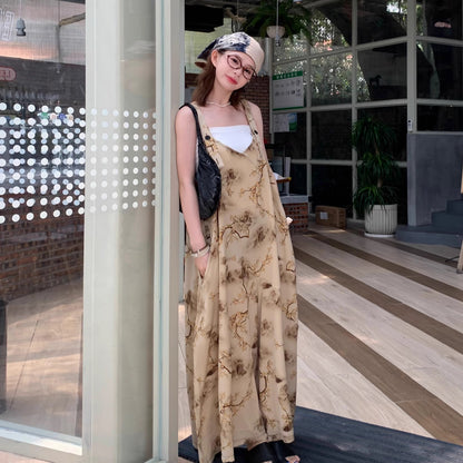 【ボトムス】夏 ゆったりカジュアル お洒落なアート風 山水画プリント ベージュ系オールインワン【SHシリーズ】