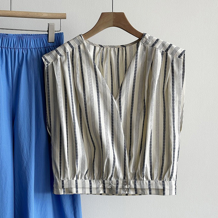 【トップス】ストライプ柄 ノースリーブ シャツ デザイン性あり 個性派 カジュアル ブラウス【JZシリーズ】
