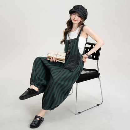 【ボトムス】ストライプ柄 デニムオールインワン キャミサロペット 7分丈 バルーンパンツ ルーズフィット カジュアル 夏【JZシリーズ】