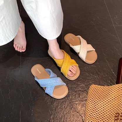 【シューズ】リゾート風 クロス編み オープントゥ サンダル