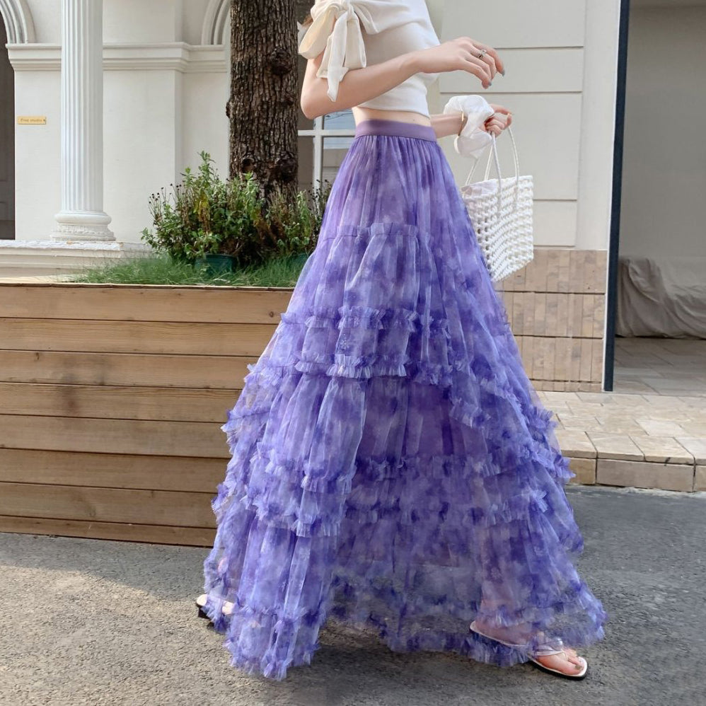 【ボトムス】チュールスカート ハート柄 フレアロング ふんわり大ボリューム 体型カバー 大きめサイズ ケーキスカート【JZシリーズ】