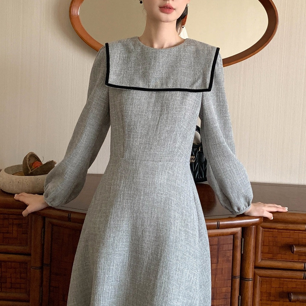 【ワンピース】春 秋 冬 マリン大きめ襟 甘く若見え ウエストシェイプ 長袖 ワンピース 【JZシリーズ】