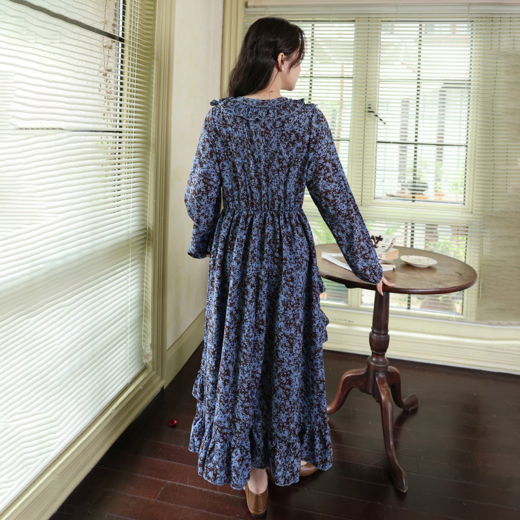【ワンピース】2025秋新作 Vネック花柄 長袖ワンピース 体型カバー ゆったり細見え【SHシリーズ】