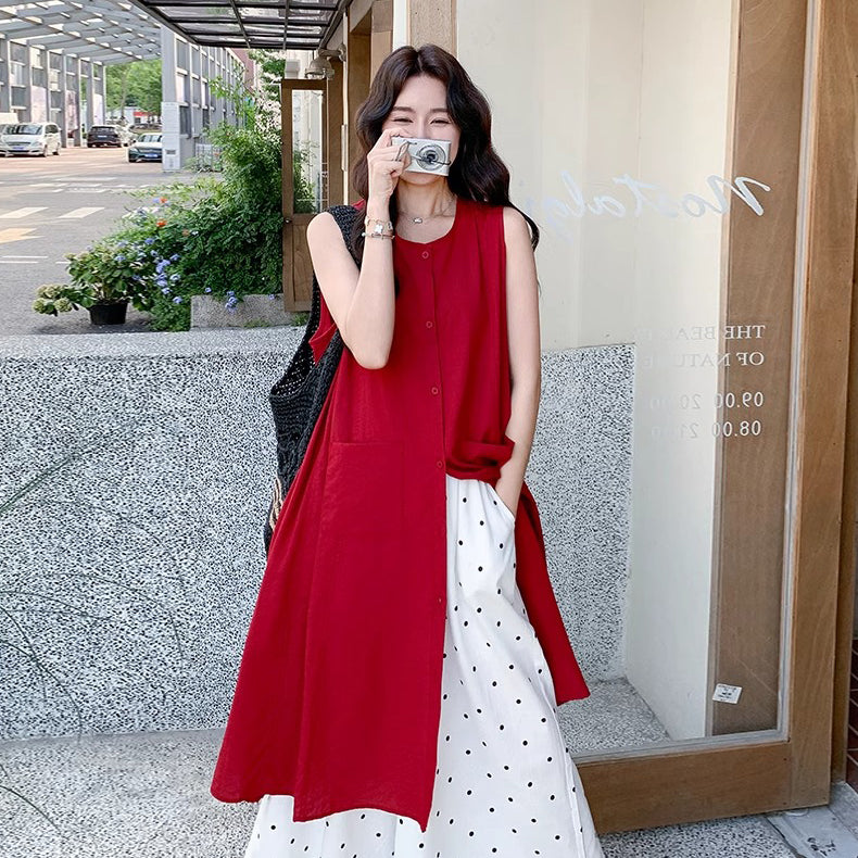 2点セット!【セットアップ】赤ノースリーブロングジレワンピース