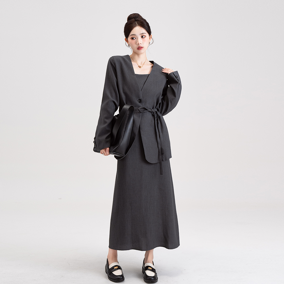 【セットアップ】韓国風 大人女子感 ジャケット＋キャミワンピース セット レディース ウエストベルト付き【シリーズ】