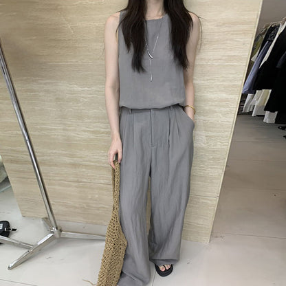 2点セット【セットアップ】夏 シンプル 通勤 タンクトップ＋テンセル ワイドレッグパンツ 上下セットアップ【SNシリーズ】