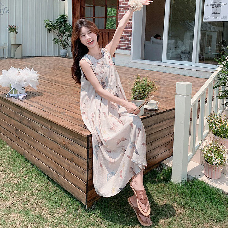 【ワンピース】蝶柄 花柄ノースリーブワンピース レディース 夏 ゆったり リゾート風 バックレス エレガントロングドレス【SHシリーズ】