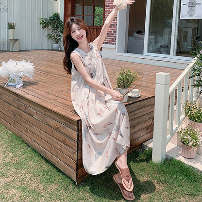 【ワンピース】蝶柄 花柄ノースリーブワンピース レディース 夏 ゆったり リゾート風 バックレス エレガントロングドレス【SHシリーズ】