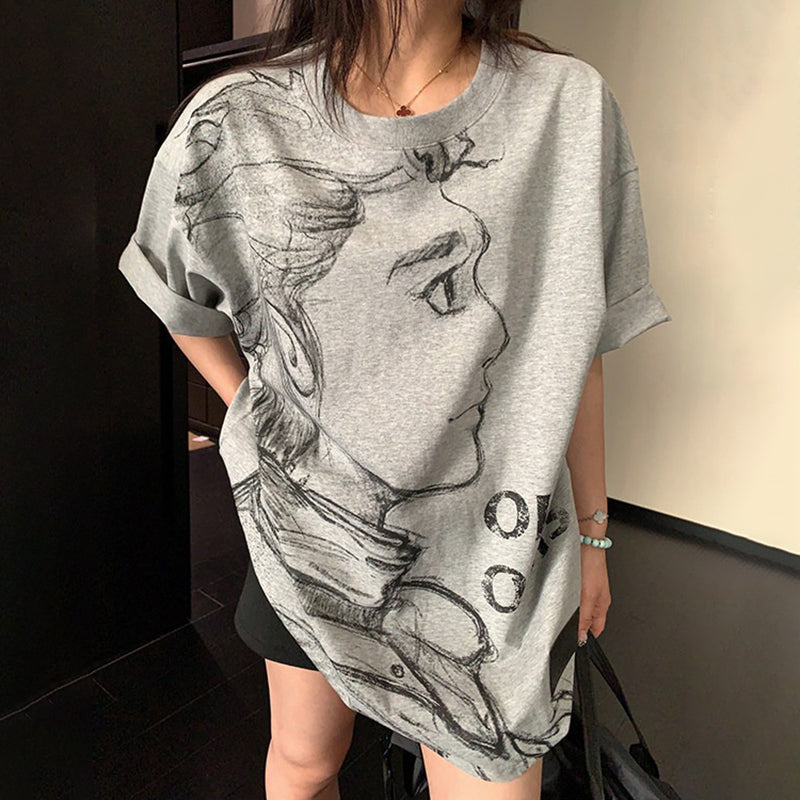 【トップス】ヴィンテージ風 スケッチプリントTシャツ レディース 夏 ルーズフィット 半袖【FCシリーズ】