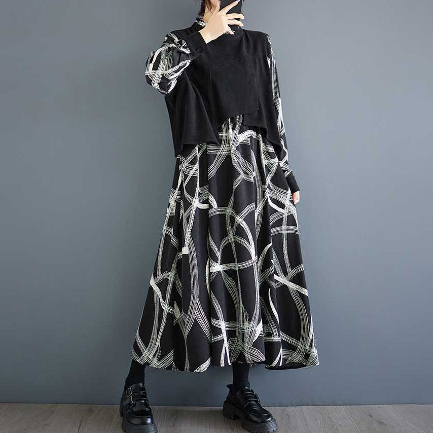 【ワンピース】春秋 個性柄 カジュアル レイヤード風 長袖ワンピース【SHシリーズ】