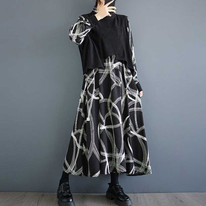 【ワンピース】春秋 個性柄 カジュアル レイヤード風 長袖ワンピース【SHシリーズ】